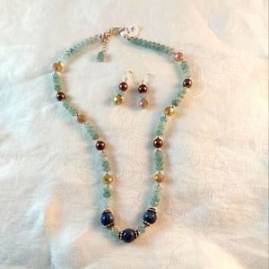 Aquamarine roundells, Lapis rounds, bronze pearls and crystals